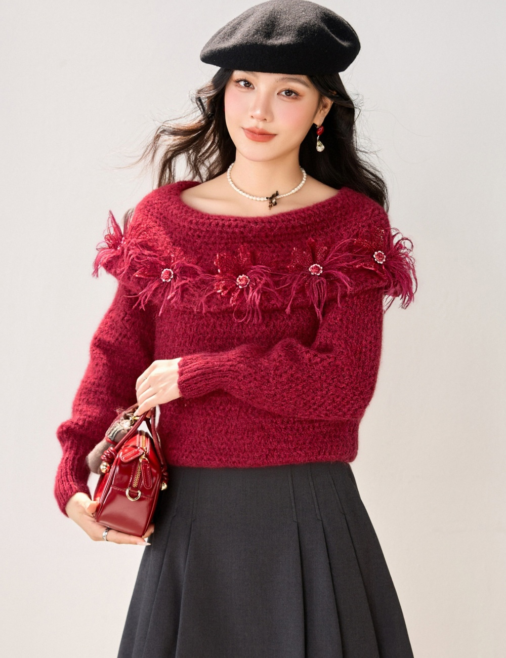 Loose flat shoulder tops lazy long sleeve sweater for women