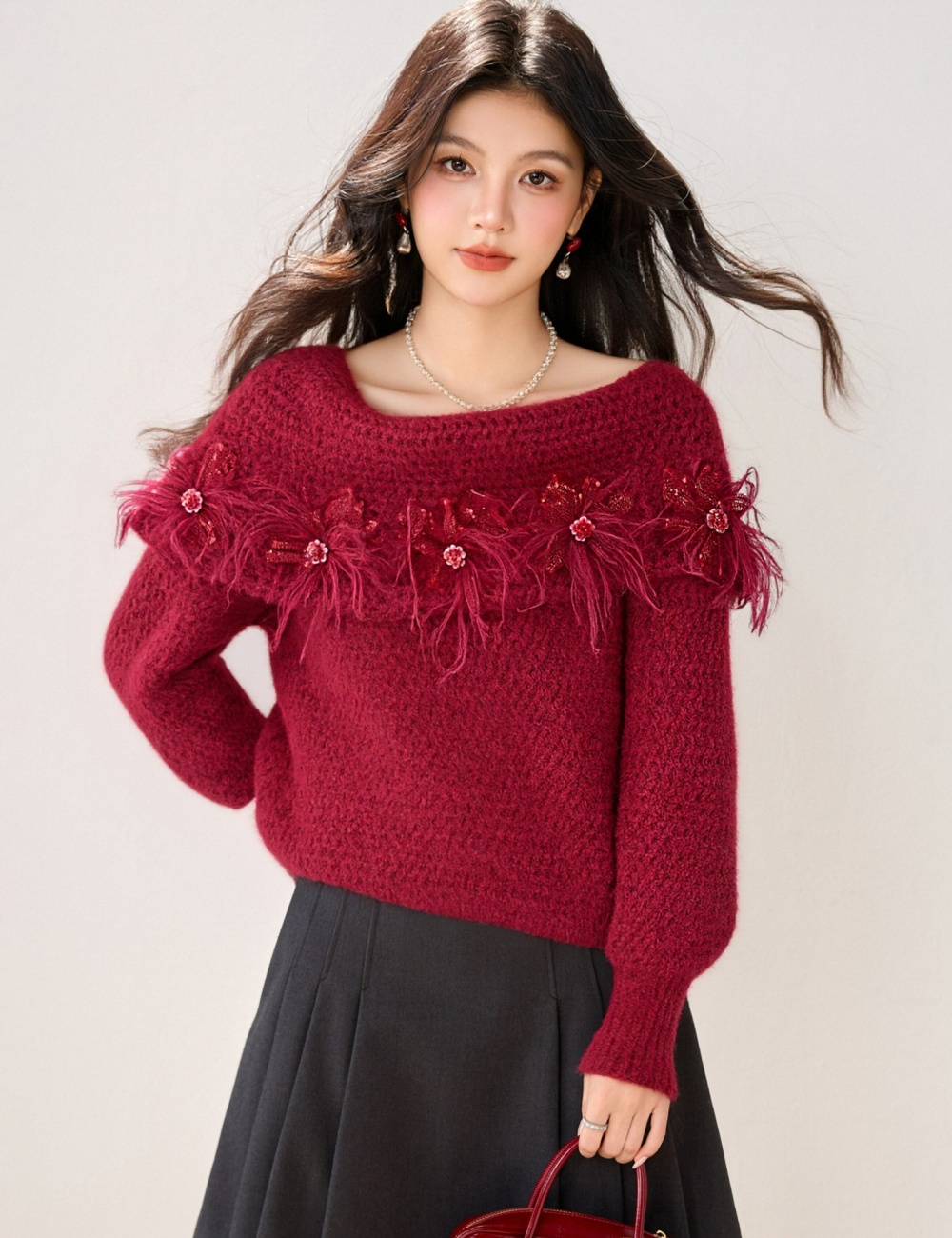 Loose flat shoulder tops lazy long sleeve sweater for women