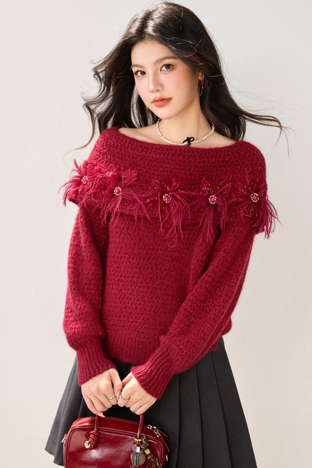 Loose flat shoulder tops lazy long sleeve sweater for women