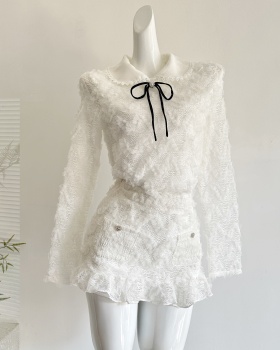 Temperament knitted collar short skirt lace tops a set