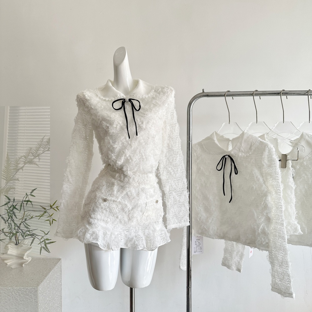 Temperament knitted collar short skirt lace tops a set