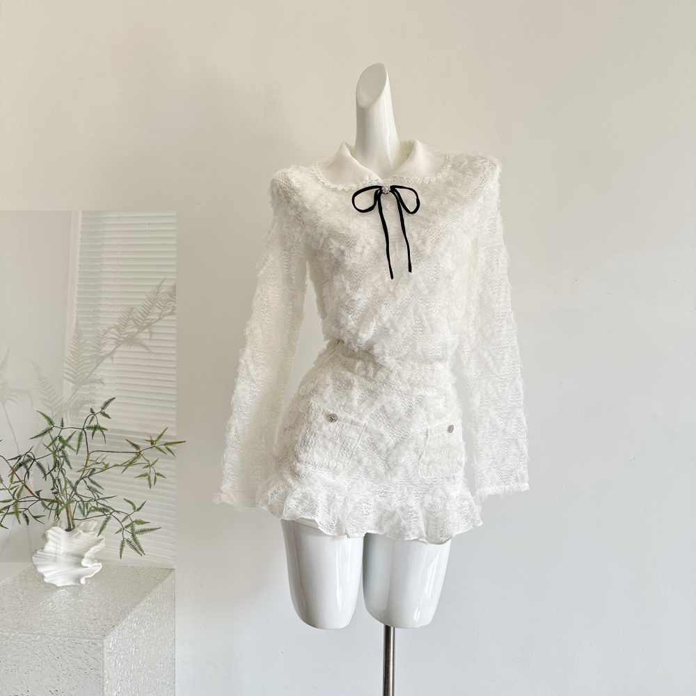 Temperament knitted collar short skirt lace tops a set