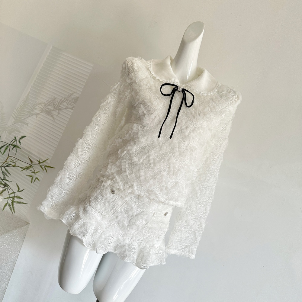 Temperament knitted collar short skirt lace tops a set