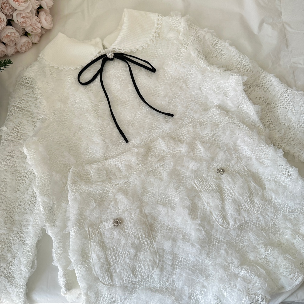 Temperament knitted collar short skirt lace tops a set