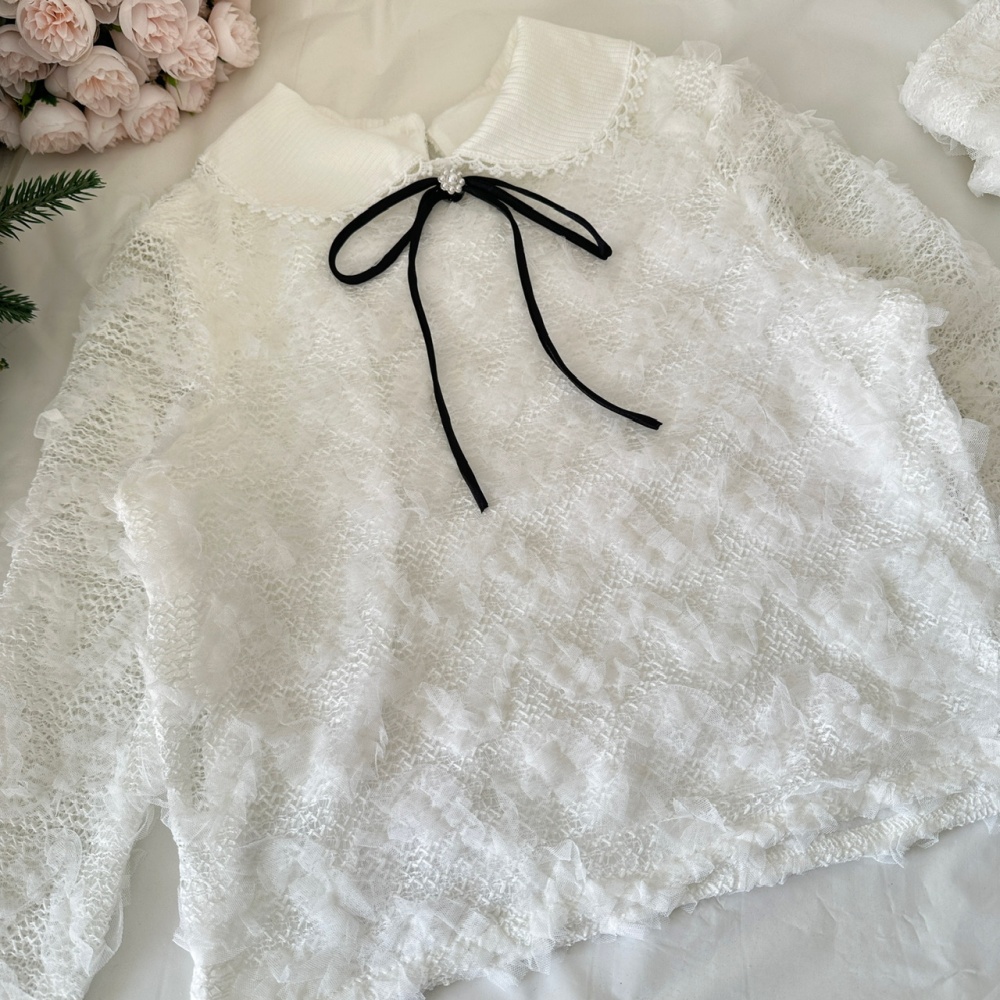 Temperament knitted collar short skirt lace tops a set