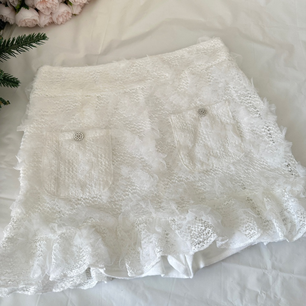 Temperament knitted collar short skirt lace tops a set