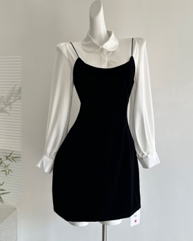 Spring light luxury strap dress temperament shirt a set