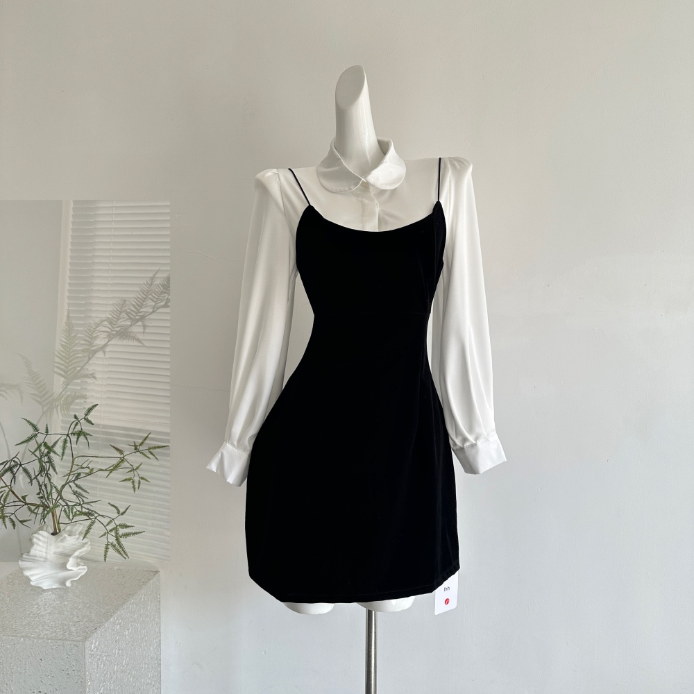 Spring light luxury strap dress temperament shirt a set