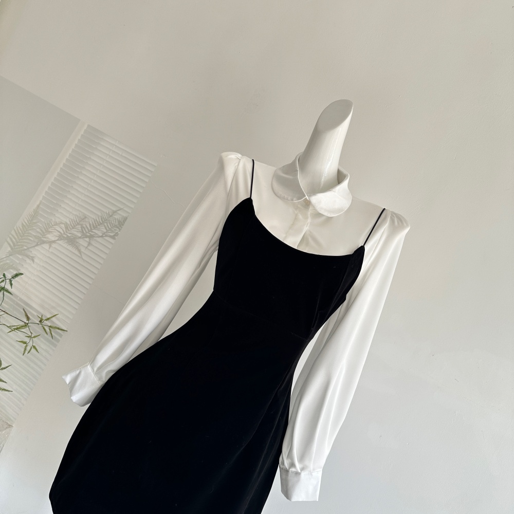 Spring light luxury strap dress temperament shirt a set