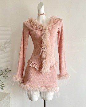 Enticement slim short skirt autumn and winter tops a set