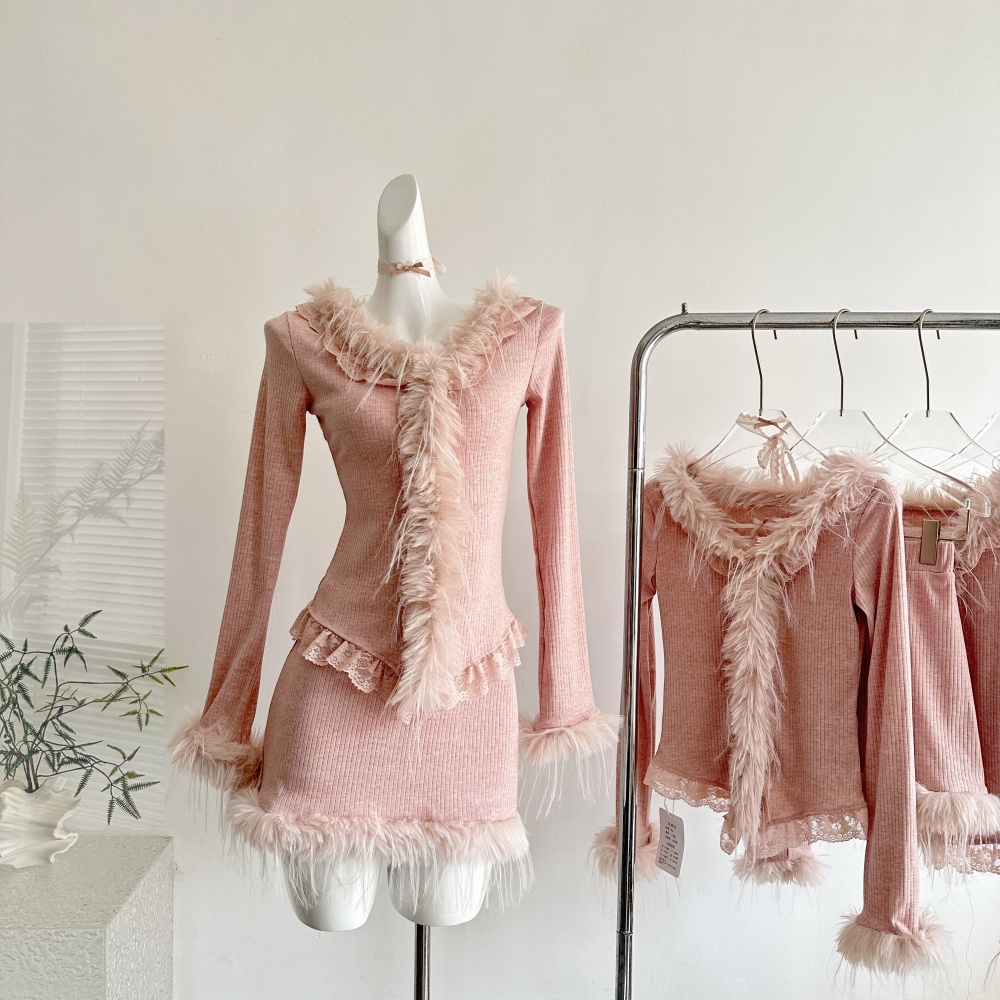 Enticement slim short skirt autumn and winter tops a set