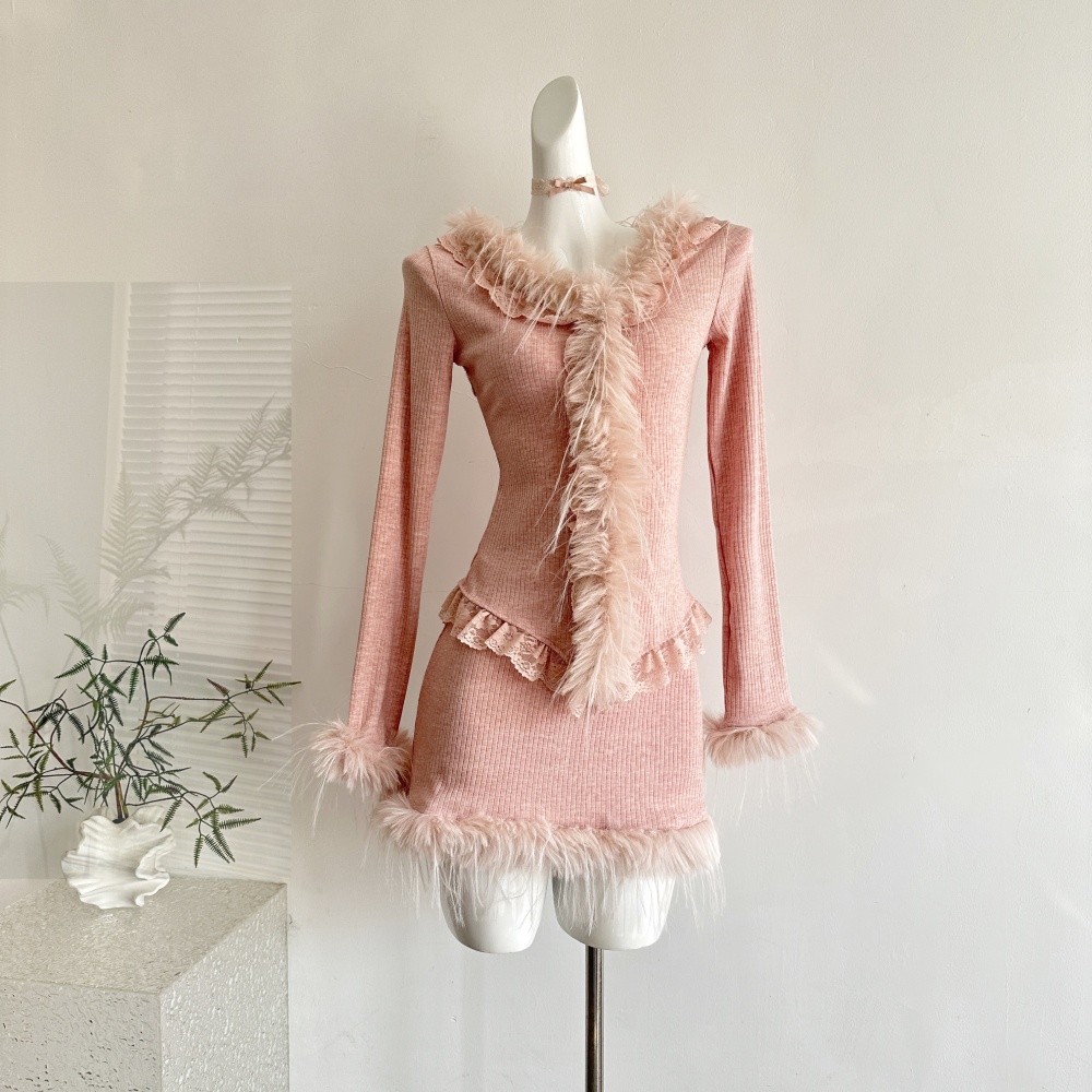 Enticement slim short skirt autumn and winter tops a set