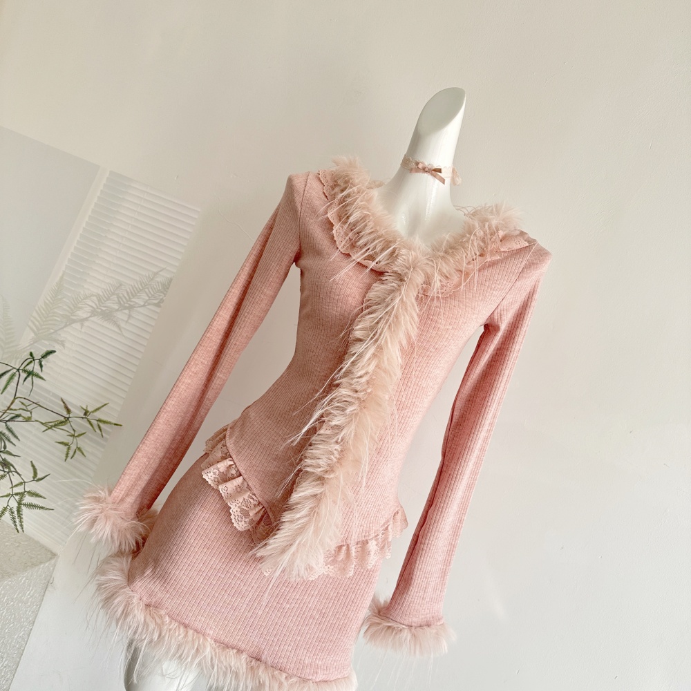 Enticement slim short skirt autumn and winter tops a set