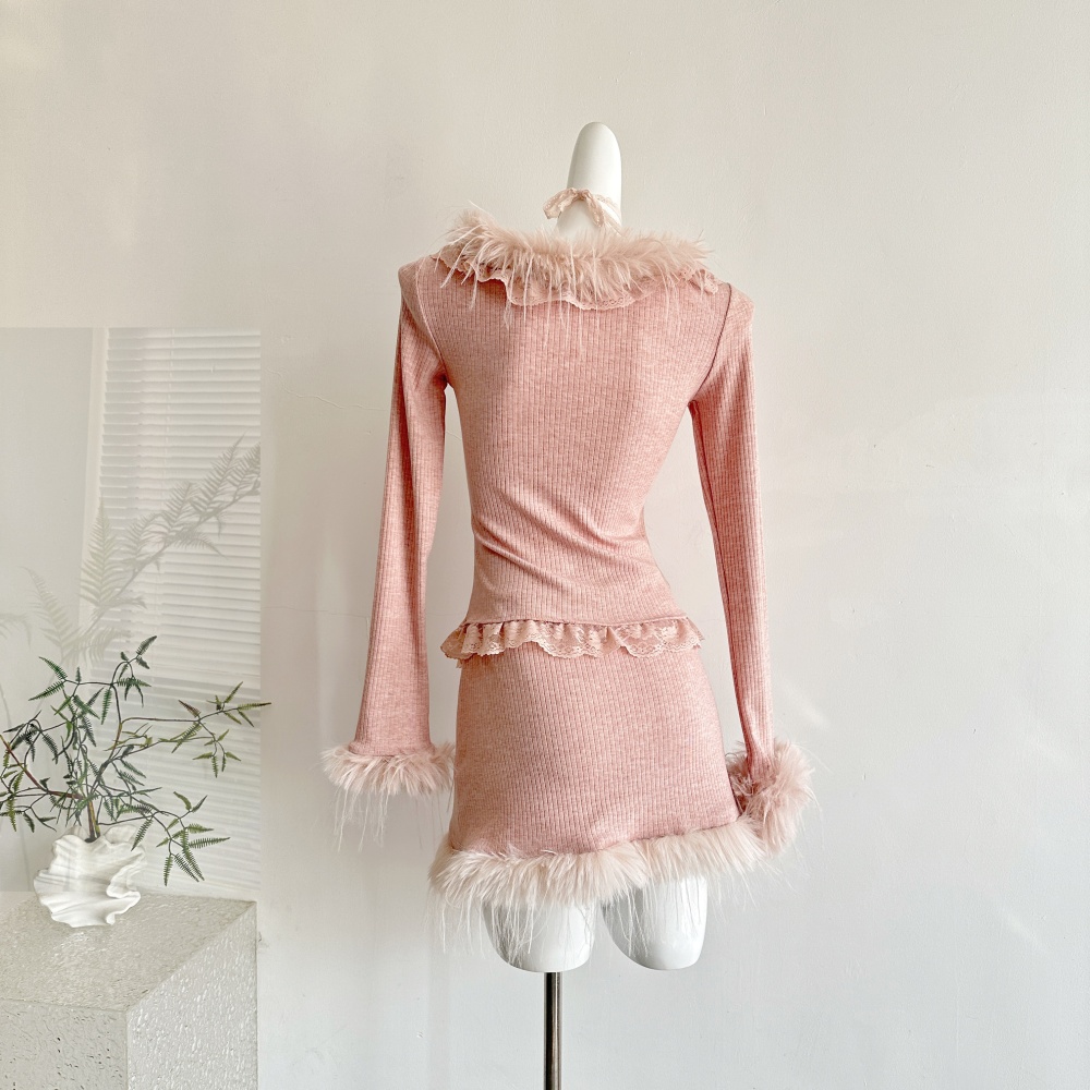 Enticement slim short skirt autumn and winter tops a set