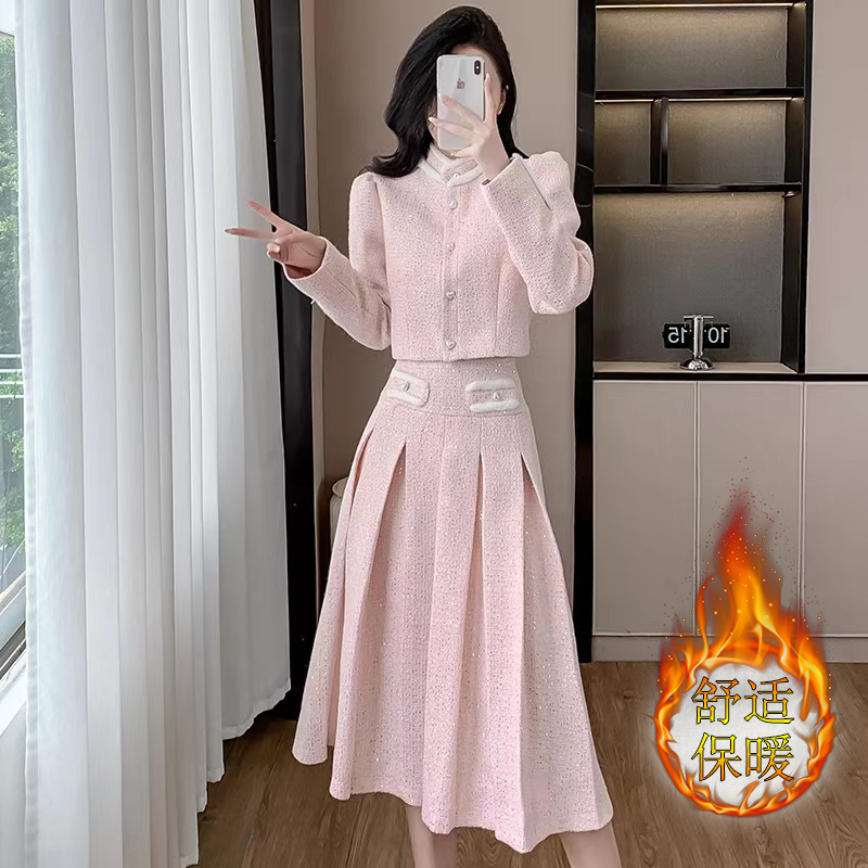 Winter peach blossom coat chanelstyle long skirt 2pcs set