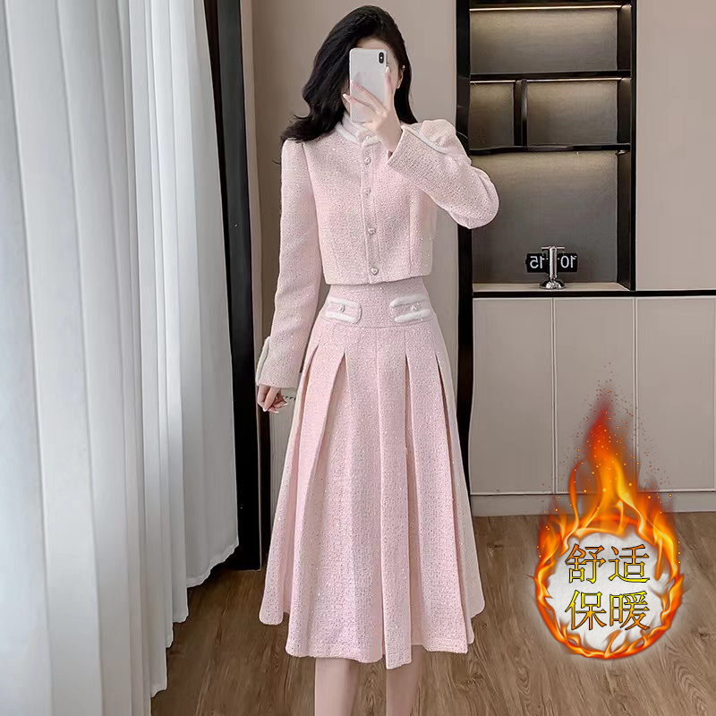 Winter peach blossom coat chanelstyle long skirt 2pcs set