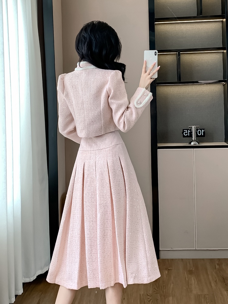 Winter peach blossom coat chanelstyle long skirt 2pcs set