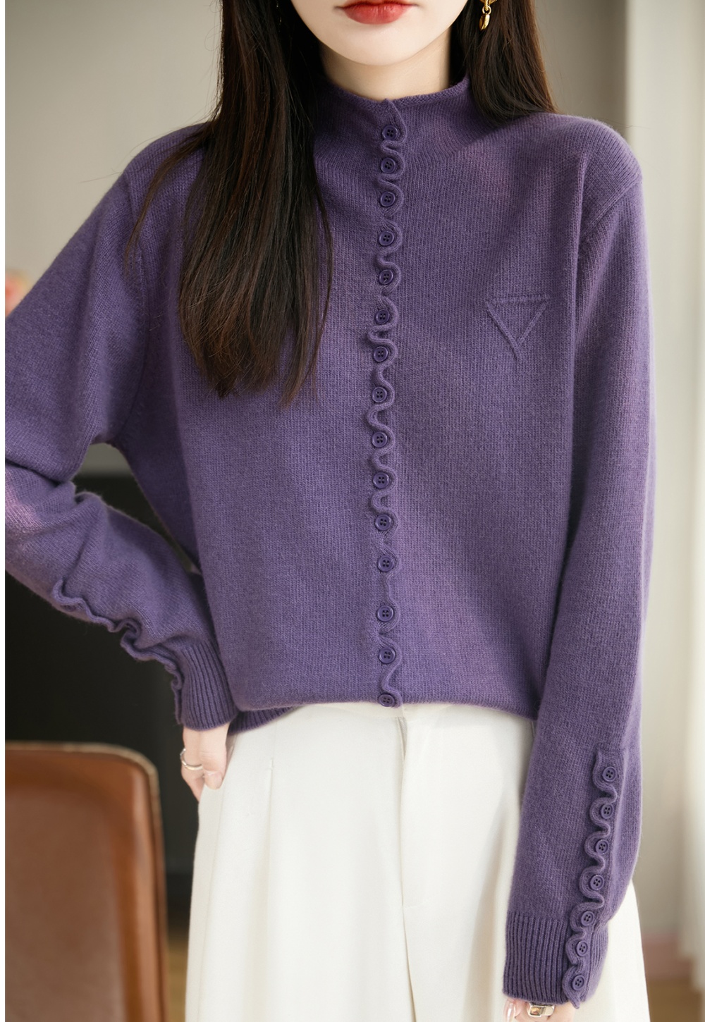 Retro autumn and winter sweater slim buckle tops for women