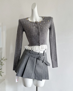 Twist gray shiny sweater lace pinched waist tops a set