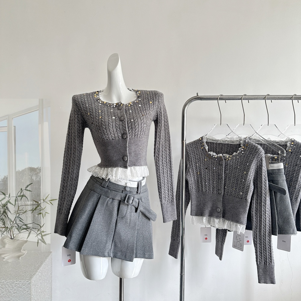 Twist gray shiny sweater lace pinched waist tops a set