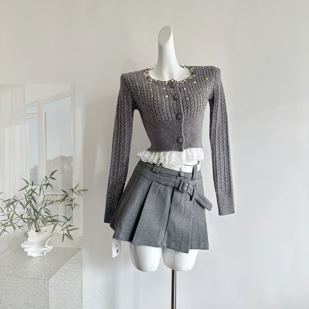 Twist gray shiny sweater lace pinched waist tops a set