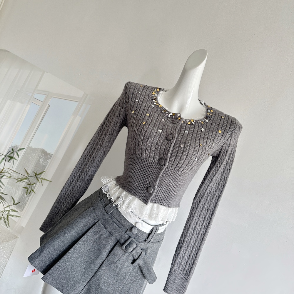 Twist gray shiny sweater lace pinched waist tops a set
