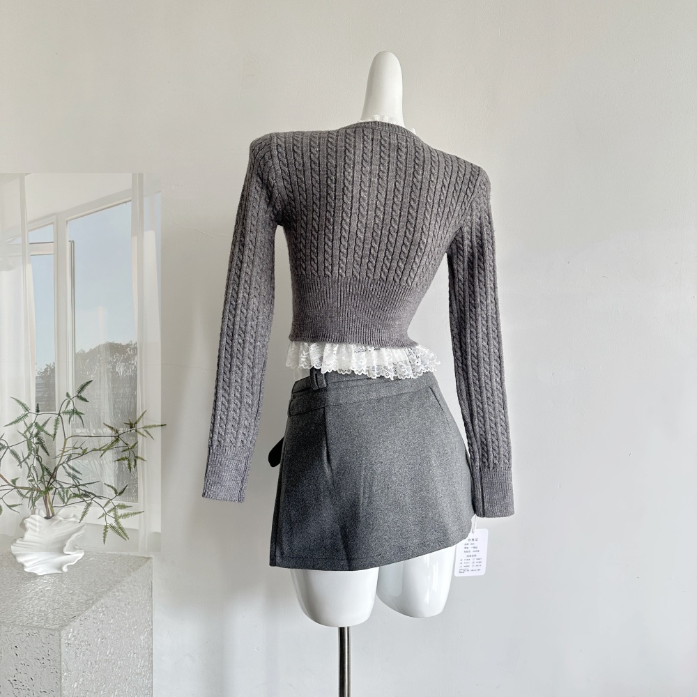 Twist gray shiny sweater lace pinched waist tops a set