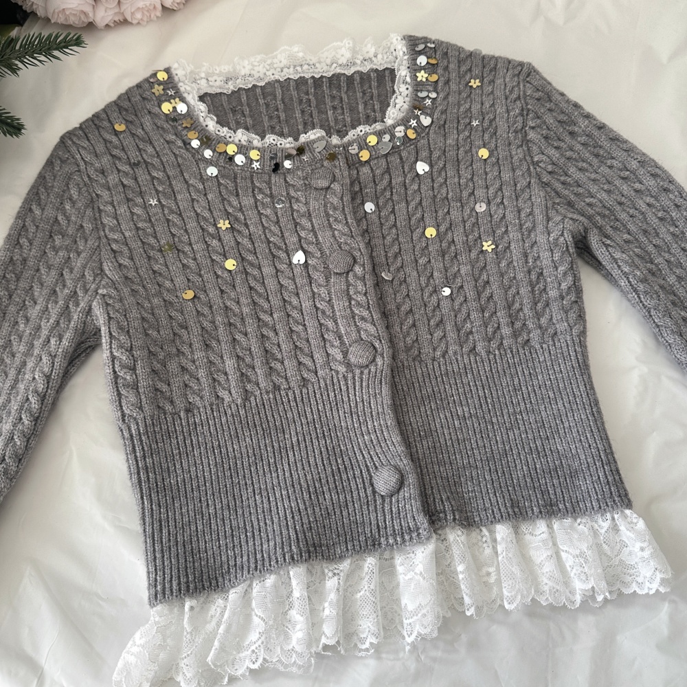 Twist gray shiny sweater lace pinched waist tops a set
