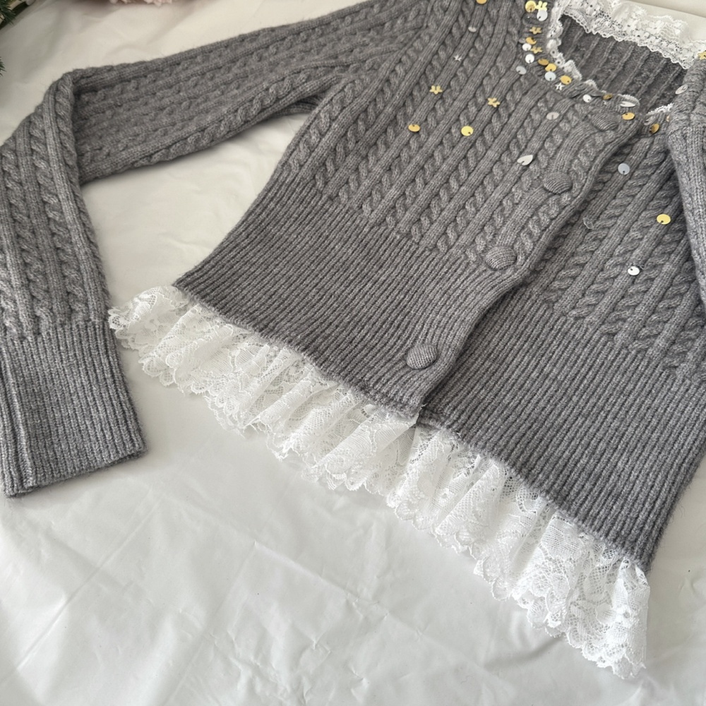 Twist gray shiny sweater lace pinched waist tops a set