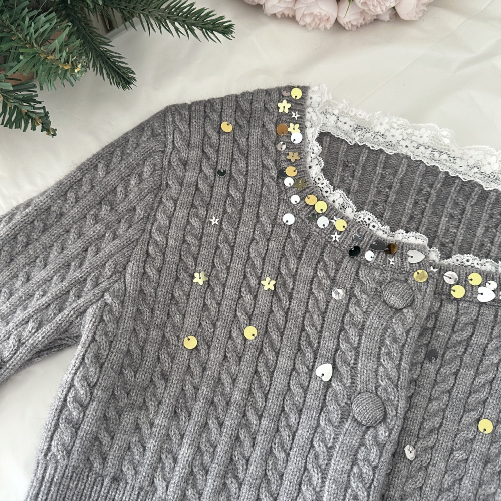 Twist gray shiny sweater lace pinched waist tops a set