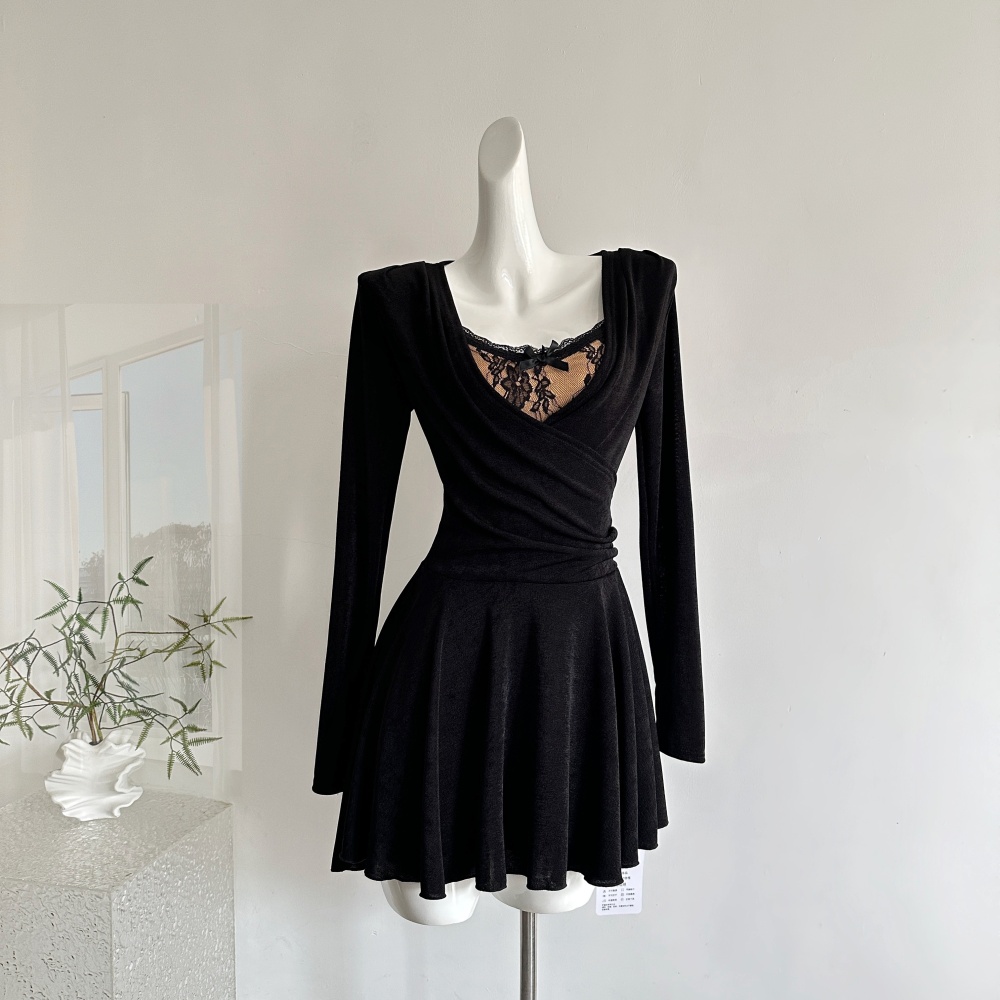 Lace elasticity temperament lotus leaf skirt dress