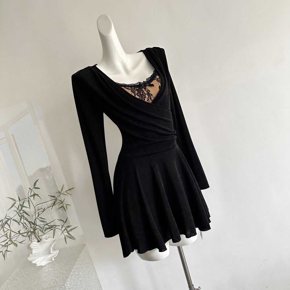 Lace elasticity temperament lotus leaf skirt dress