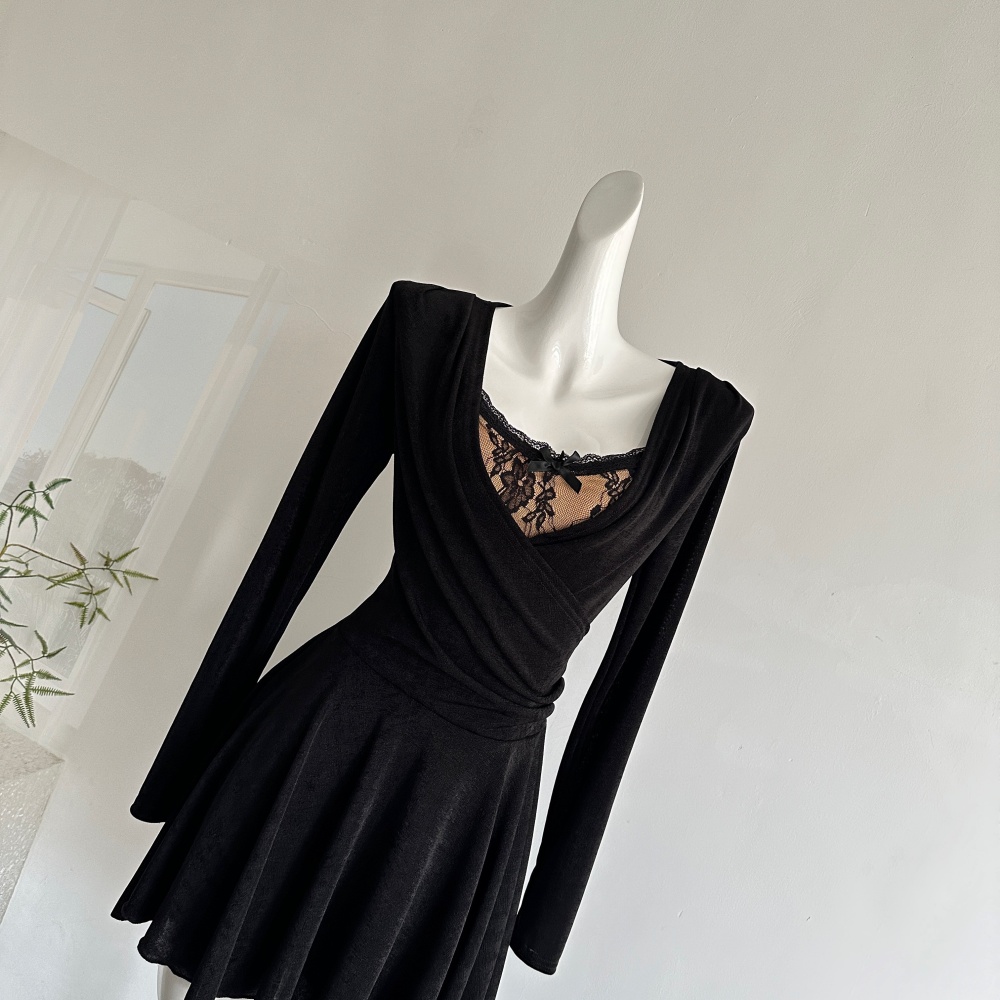 Lace elasticity temperament lotus leaf skirt dress