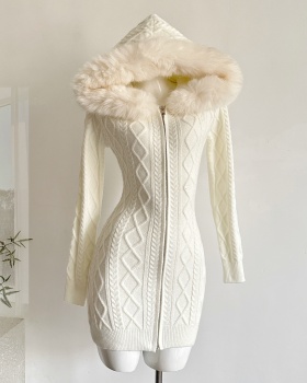 Knitted lazy hooded sweater enticement sweet slim dress