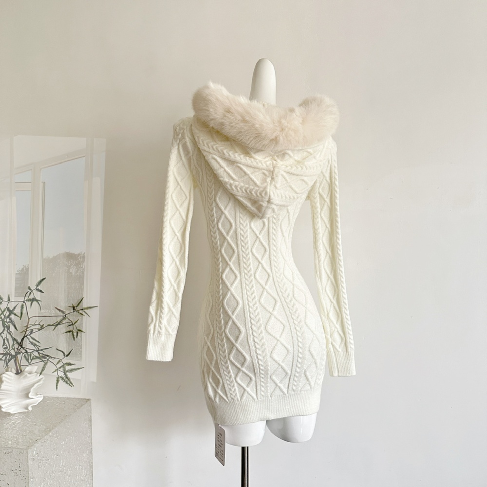 Knitted lazy hooded sweater enticement sweet slim dress