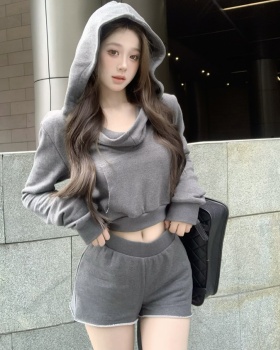 Spring gray short hooded hoodie 2pcs set for women