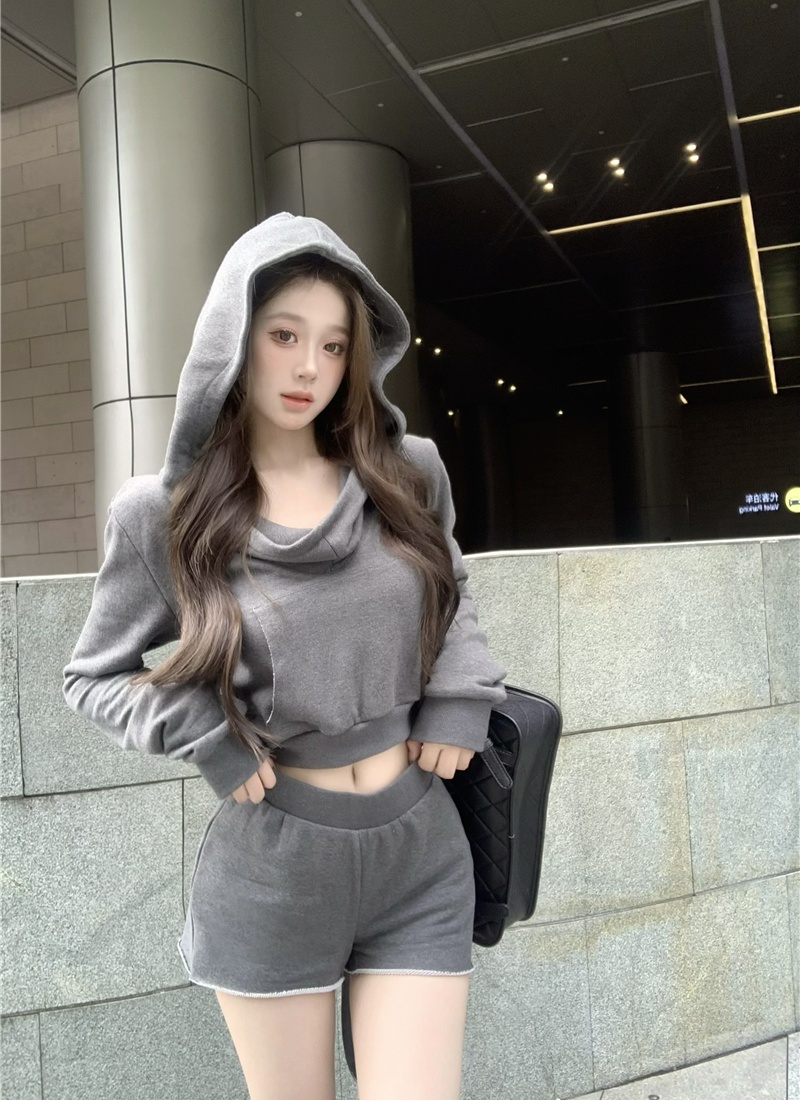 Spring gray short hooded hoodie 2pcs set for women