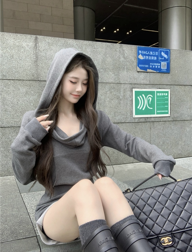 Spring gray short hooded hoodie 2pcs set for women