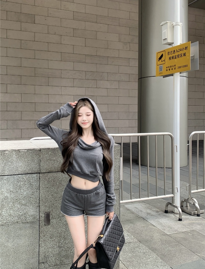 Spring gray short hooded hoodie 2pcs set for women
