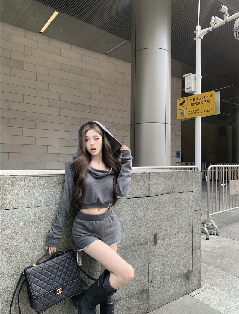 Spring gray short hooded hoodie 2pcs set for women