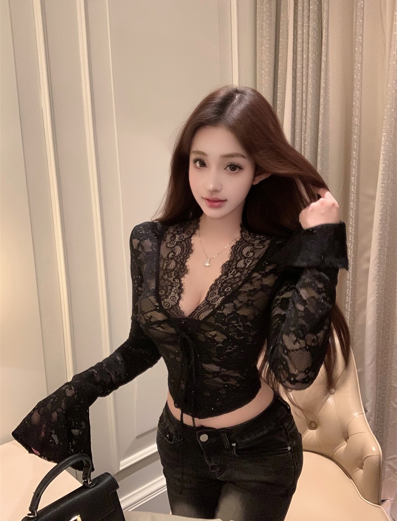 Black enticement winter tops V-neck all-match shirts