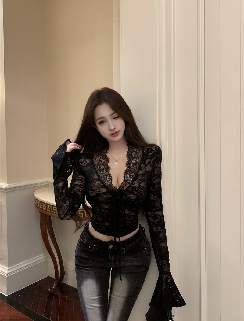 Black enticement winter tops V-neck all-match shirts