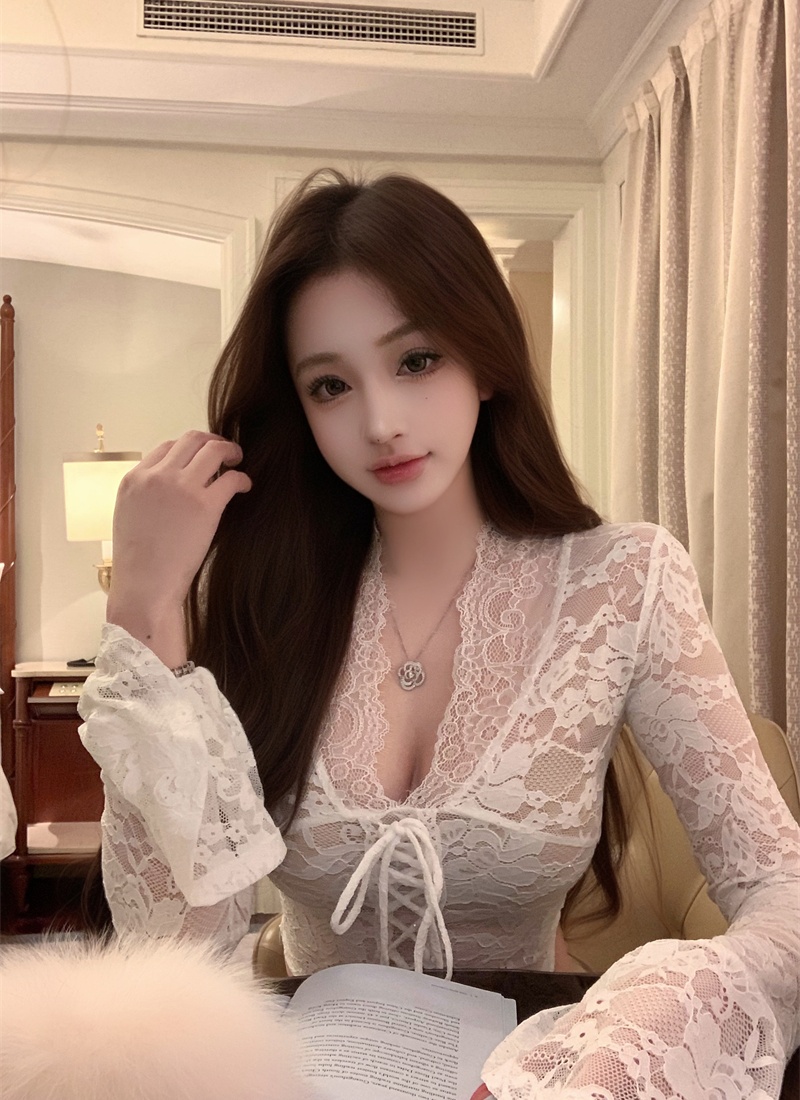 Black enticement winter tops V-neck all-match shirts