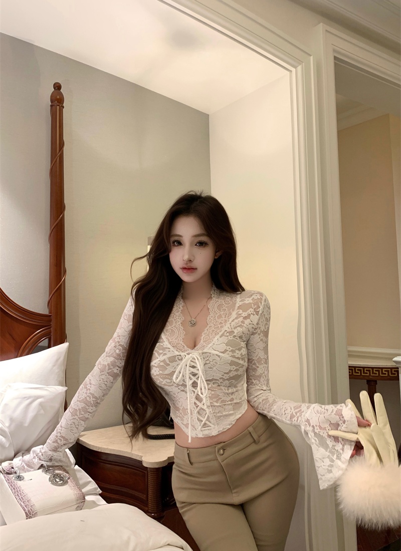 Black enticement winter tops V-neck all-match shirts