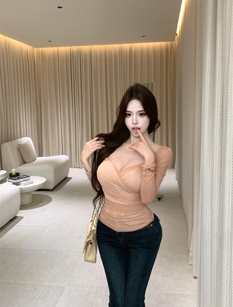 Slim temperament France style long sleeve sexy tops for women