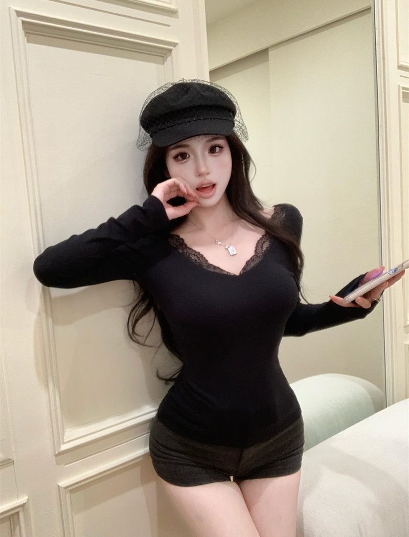 Pinched waist tops lace bottoming shirt for women