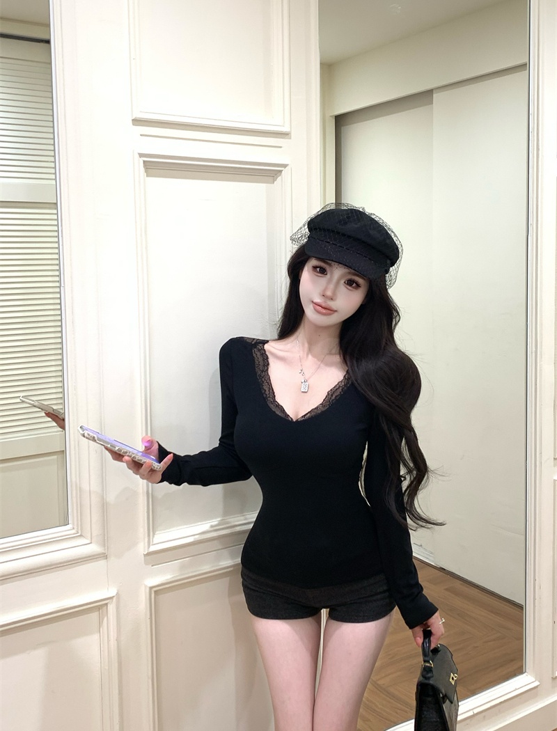 Pinched waist tops lace bottoming shirt for women