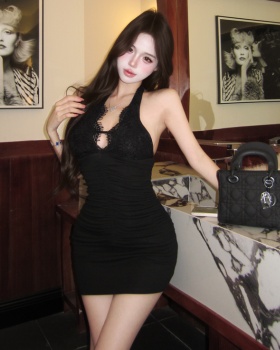 Sequins sexy dress black V-neck T-back