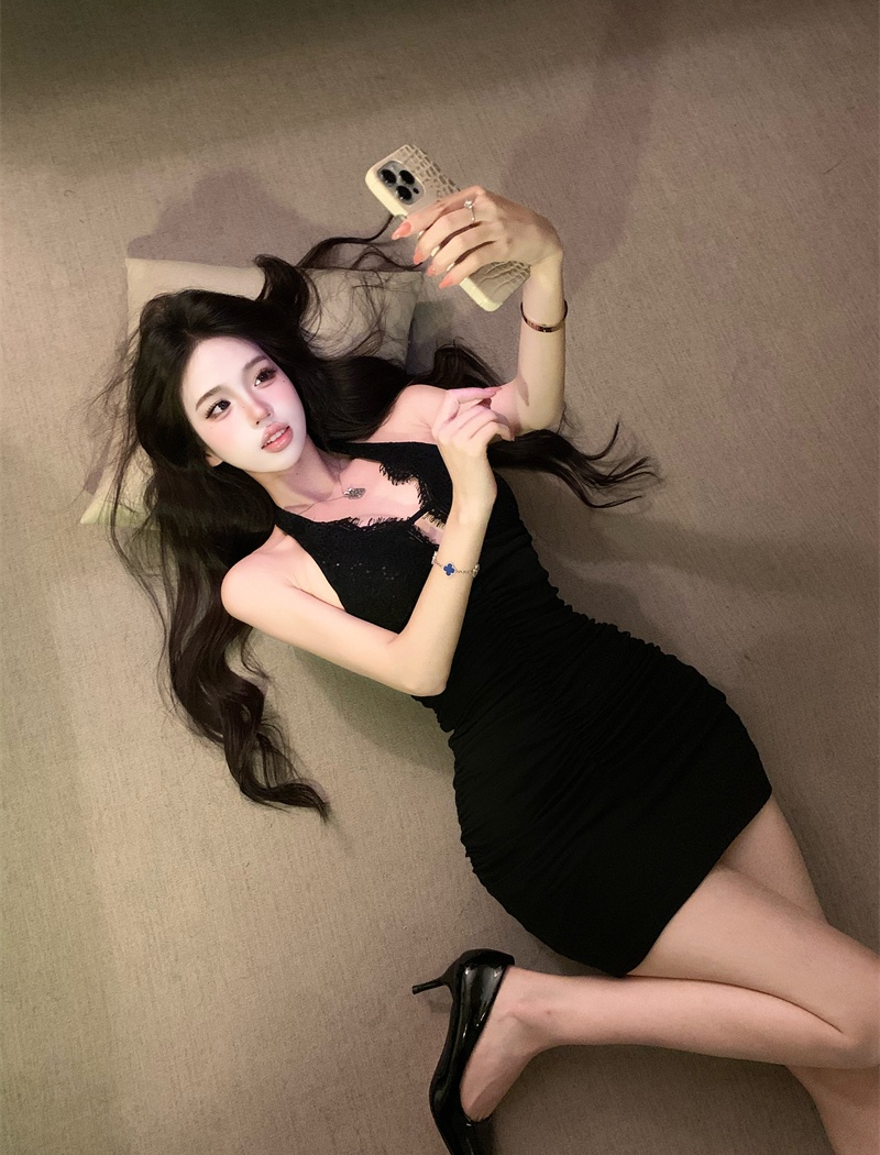 Sequins sexy dress black V-neck T-back