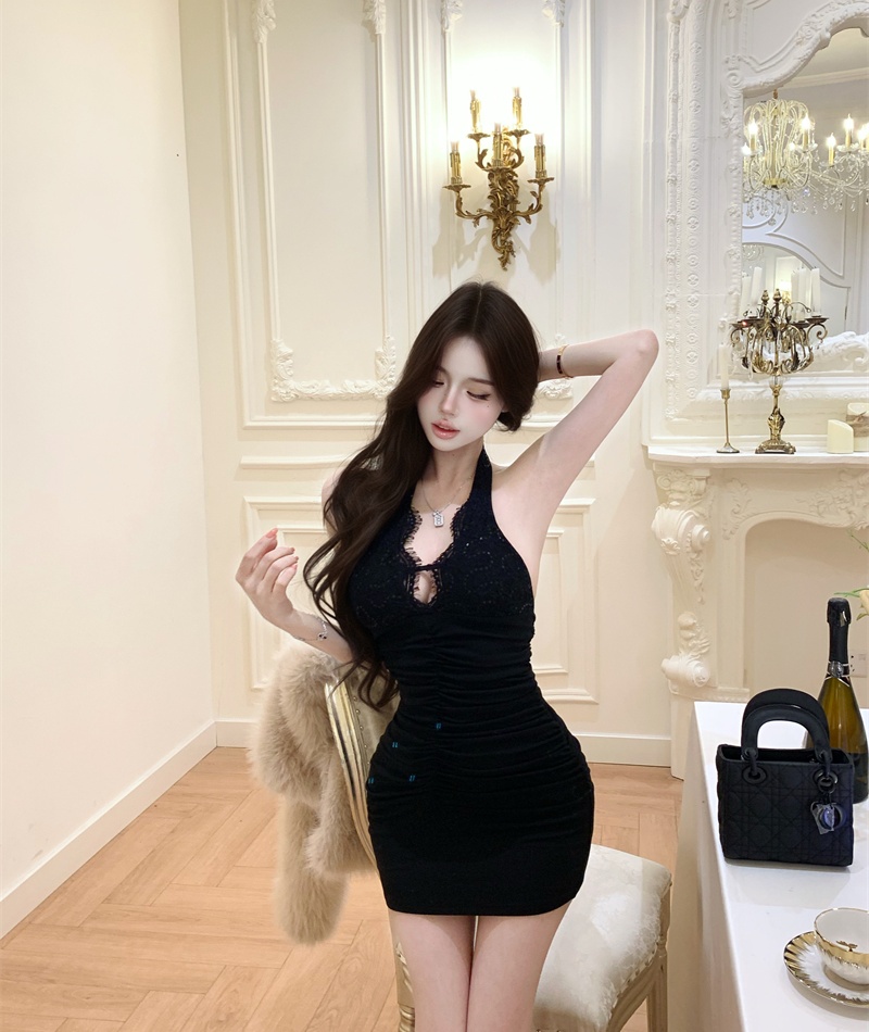 Sequins sexy dress black V-neck T-back